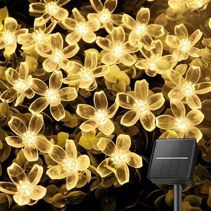 Brightown 60 LED Solar String Lights Flower Outdoor Waterproof Fairy Lights for Garden Yard Fence Patio Christmas Tree Wedding Party Decor, Warm White