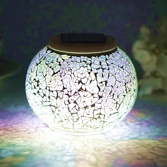 Solar Powered Color Changing Mosaic Crackle Glass Table Lamp - Waterproof LED Night Light for Bedroom, Yard, Patio, Halloween, Christmas Decorations (Crackle Glass, White)