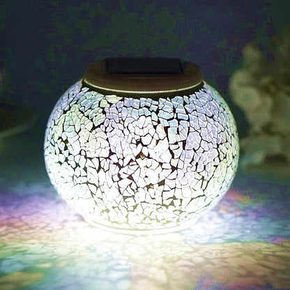 Solar Powered Color Changing Mosaic Crackle Glass Table Lamp - Waterproof LED Night Light for Bedroom, Yard, Patio, Halloween, Christmas Decorations (Crackle Glass, White)
