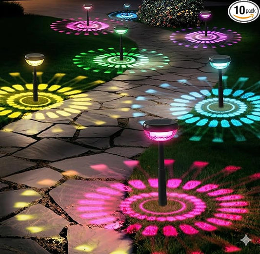 Ensenior Solar Pathway Lights IP65 Waterproof, RGB Color Changing & 6500K Cool White, 8-16Hr Runtime, Flower Pattern Garden Lights for Walkway Porch Yard - 10 Pack