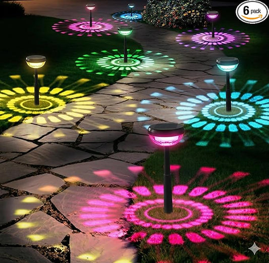 Ensenior Solar Pathway Lights IP65 Waterproof, RGB Color Changing & 6500K Cool White, 8-16Hr Runtime, Flower Pattern Garden Lights for Walkway Porch Yard - 6 Pack