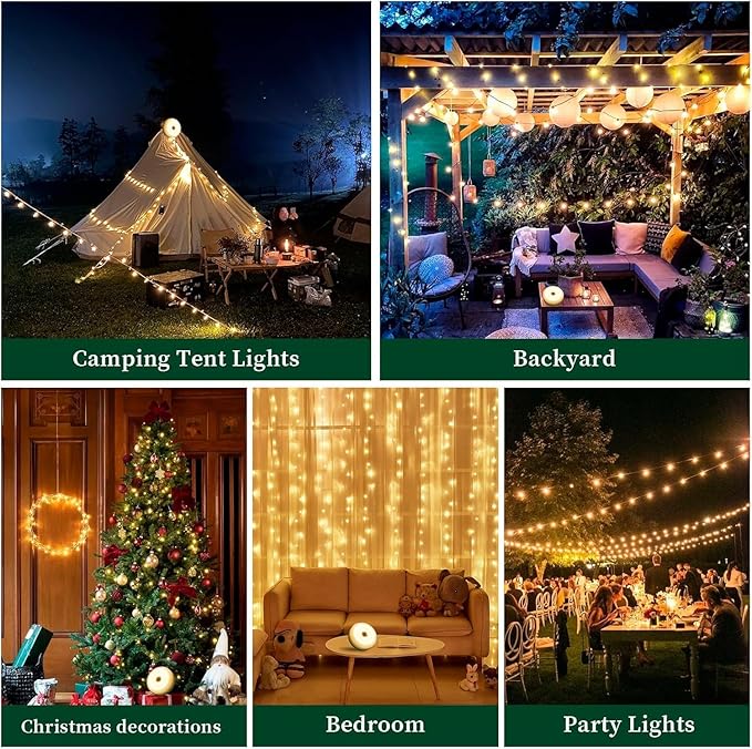 Camping String Lights 33ft 100LED, 4 in 1 Rechargeable 100LED Outdoor Tent String Lights with 14 Lighting Modes Remote Control Waterproof with Timer Function for Camping Gear Essentials Hiking Garden