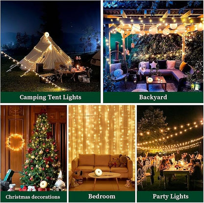 Camping String Lights 33ft 100LED, 4 in 1 Rechargeable 100LED Outdoor Tent String Lights with 14 Lighting Modes Remote Control Waterproof with Timer Function for Camping Gear Essentials Hiking Garden