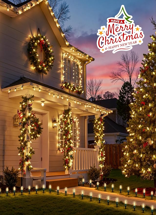 Christmas Pathway Lights Outdoor, 26 FT Connectable C9 LED Christmas Lights Outdoor, Waterproof String Lights with 20 Led Lights and Stakes, Christmas Decorations for Walkway Driveway, Warm White