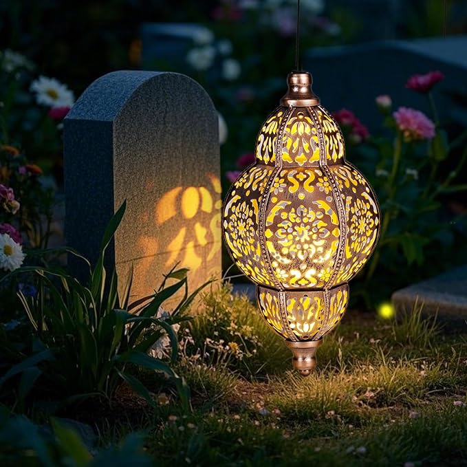 Hanging Solar Lanterns Outdoor Waterproof, Moroccan Solar Lanterns for Outside Garden Decor, Outdoor Hanging Lantern Gardening Gifts for Women Mom Grandma, Yard Patio Lawn Decorations