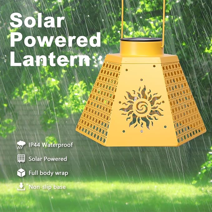 Outdoor Solar Lanterns Waterproof Hanging Solar Metal Lantern 9.5" Sun LED Lantern Yard Art Decor for Yard, Patio, Hallway, Birthday Mothers' Day Gifts (2Pack, Yellow)