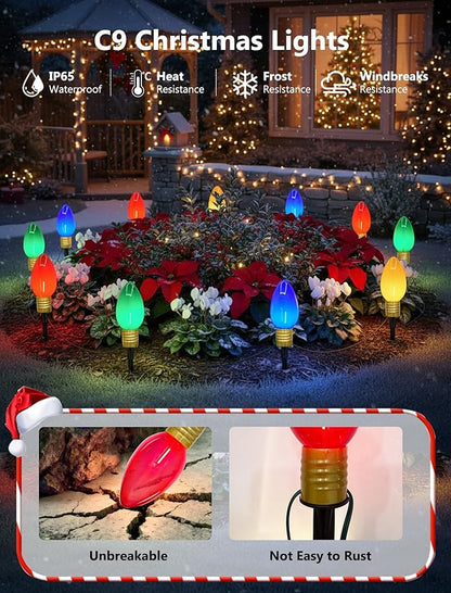Jumbo C9 LED Christmas Pathway Lights Outdoor, 2 Pack 7 Ft Jumbo Christmas Lights with Pathway Marker Stakes, 8 Giant Multicolor Bulbs Outdoor Holiday Decorations for Lawn Yard Garden