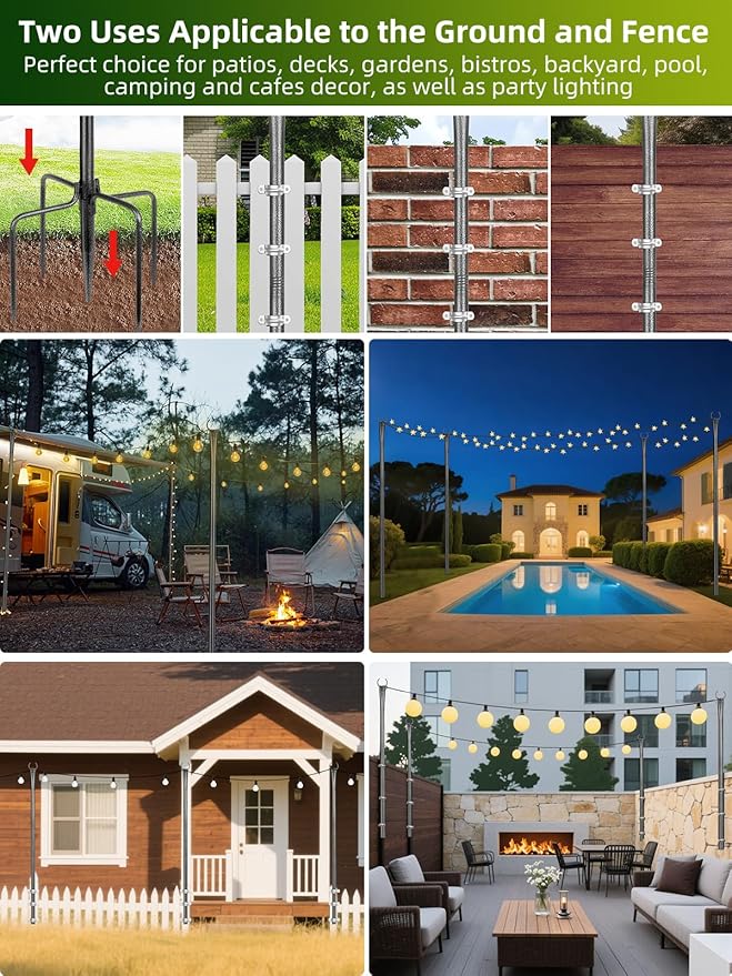 String Light Poles, 4 Pack 10ft Outdoor String Light Poles for Outside and Deck - Ideal for Patio, Garden, Yard, Front Porch Decorations, Frosted Silver