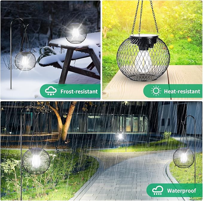 2-Pack Hanging Solar Outdoor Lanterns, Decorative Waterproof LED
