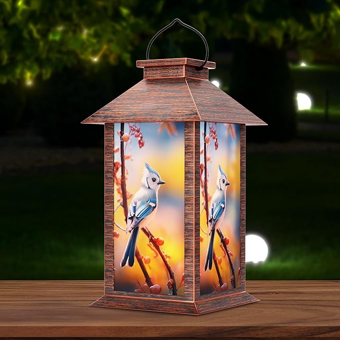 Solar Lanterns Outdoor, Waterproof Blue Jay Garden Hanging Lanterns with LED Flickering Flameless Candles for Mom Grandma Women Lantern Decorative Outdoor for Christmas, Yard, Garden Decor