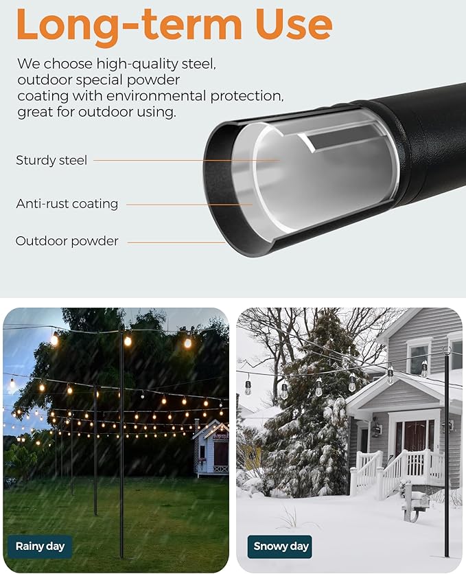 LAND·VOI Metal String Light Poles for Outside Hanging - Backyard, Garden, Patio, 4 Pack Lighting Stand with Adjustable Height for Outdoor Parties, Wedding, Extra-Long 5-Prong Claws, (10FT) FLP04B