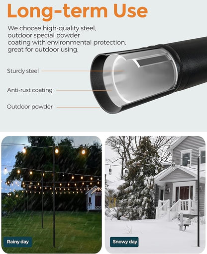 LAND·VOI Metal String Light Poles for Outside Hanging - Backyard, Garden, Patio, 4 Pack Lighting Stand with Adjustable Height for Outdoor Parties, Wedding, Extra-Long 5-Prong Claws, (10FT) FLP04B