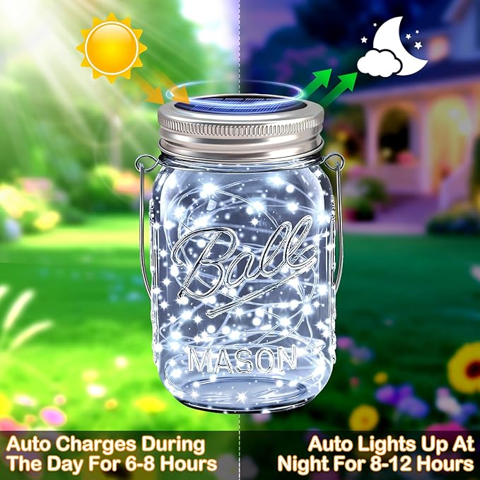 VOOKRY Solar Mason Jar Lights - 10 Pack 30 Led Solar Mason Jar Lids Outdoor Fairy Lights with 10 Hangers Waterproof for Jars DIY Party Patio Garden Table Wedding Decoration Cool White(No Jars)