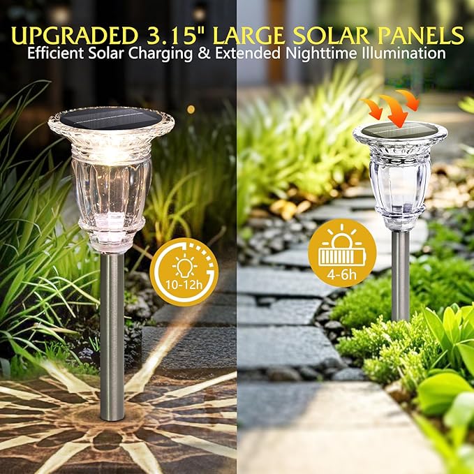 Solar Pathway Lights Outdoor 2 Pack, 3 Lighting Modes Glass and Stainless Steel White Solar Garden lights, 17.3" LED Waterproof & Solar Powered outdoor lights, Walkway Light, for Driveway Lawns Yard