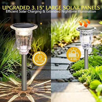 Solar Pathway Lights Outdoor 2 Pack, 3 Lighting Modes Glass and Stainless Steel White Solar Garden lights, 17.3" LED Waterproof & Solar Powered outdoor lights, Walkway Light, for Driveway Lawns Yard