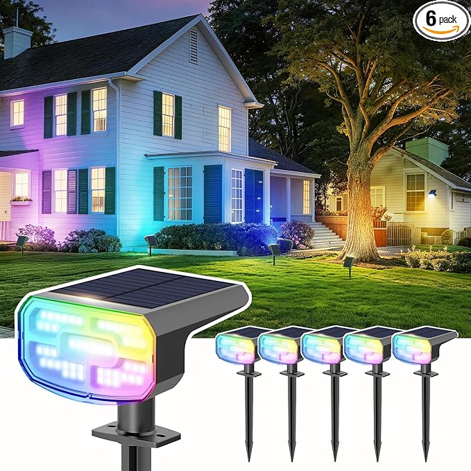 Color Changing Solar Spot Lights Outdoor Waterproof IP65,9 Lighting Modes Multicolor RGB Christmas Spotlight for Porches Yard Gardens Landscape Deconrations-6 Pack