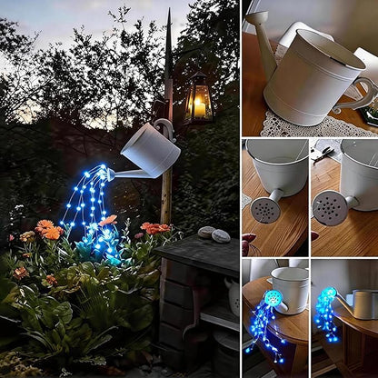 Solar Fairy String Lights Outside Blue, Multi Strand 180 LEDs Watering Can Light for Outdoor, Waterproof Solar Powered Waterfall Lights, Firefly Bunch Lights for Garden Décor