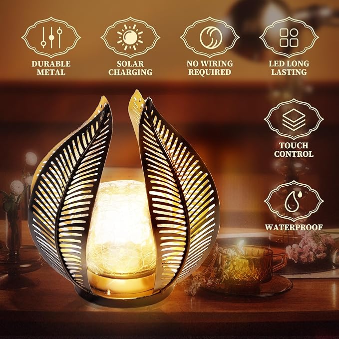 HPC Decor Solar Light Outdoor Garden, Crackle Globe Glass,Metal Palm Leaf Solar Light for Outside, Pathway Lights Waterproof LED Outdoor for Patio,Yard,Porch Decor,Gardening Gifts for Women/Mom.