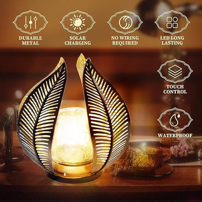 HPC Decor Solar Light Outdoor Garden, Crackle Globe Glass,Metal Palm Leaf Solar Light for Outside, Pathway Lights Waterproof LED Outdoor for Patio,Yard,Porch Decor,Gardening Gifts for Women/Mom.