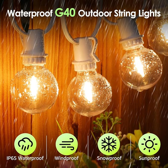 Mlambert 48Ft Solar String Lights, Outdoor Waterproof Patio Lights with 18 Shatterproof G40 Bulbs(1 Spare), Led Light for Backyard-White Wire