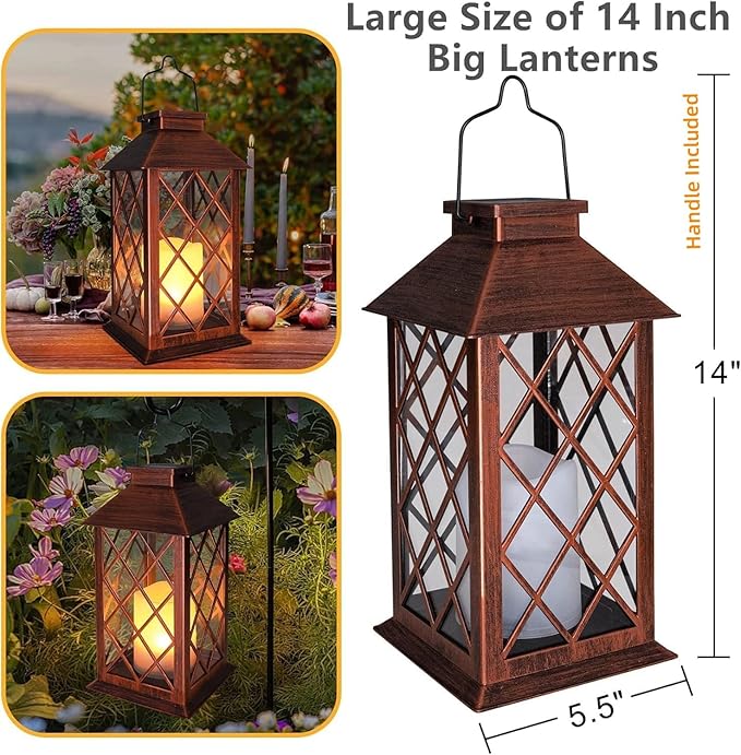 [2 Pack] TAKE ME 14" Solar Lantern Outdoor Garden Hanging Lantern Waterproof LED Flickering Flameless Candle Mission Lights for Table,Outdoor,Christmas Gifts Mom Wife