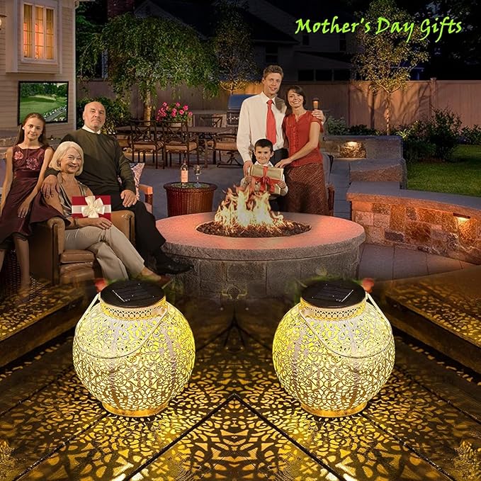 TAKE ME 2 Packs Solar Lanterns Lights Outdoor Waterproof Garden Laterns Metal Retro Lights for Christmas Gifts Mom Wife Grandma Birthday Gifts (White Set of 2)
