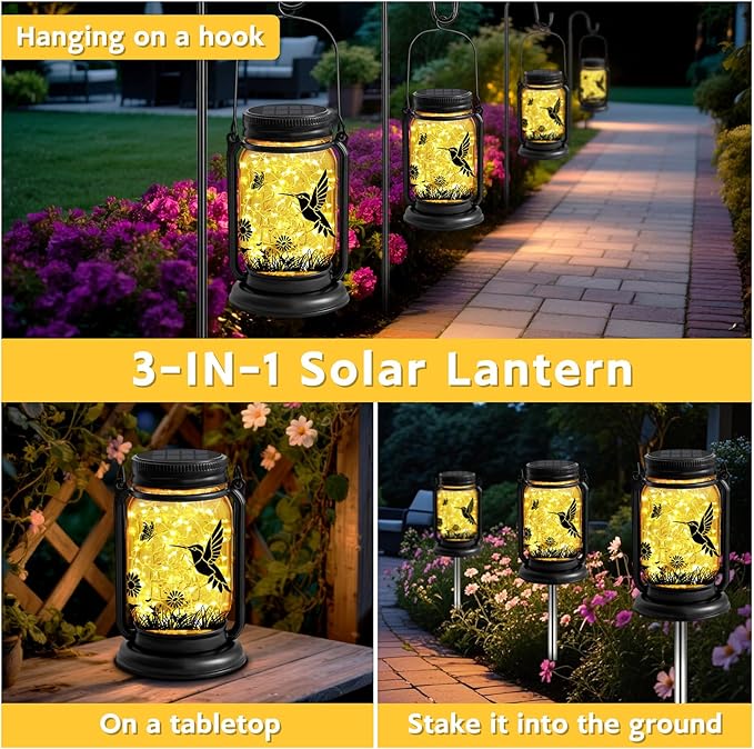 Hummingbird Solar Lanterns 3-in-1 Outdoor Waterproof - Birthday Gifts for Women Mom Christmas, Mason Jar Hanging Lanterns with Stake, Garden Decor Lights for Patio Yard Balcony Decorations, 2 Pack
