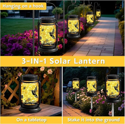 Hummingbird Solar Lanterns 3-in-1 Outdoor Waterproof - Birthday Gifts for Women Mom Christmas, Mason Jar Hanging Lanterns with Stake, Garden Decor Lights for Patio Yard Balcony Decorations, 2 Pack