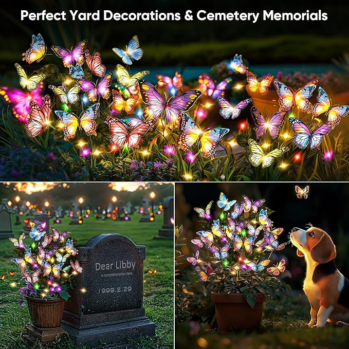 Solar Lights Outdoor Garden Decor: 4 Pack 68 Silk Butterflies with 88 Color-Changing LEDs - Auto On/Off 12H Magical Lighting IP65 Waterproof for Yard Patio Pathway - Unique Gifts for Mom Grandma