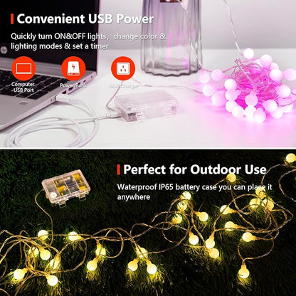 OMIKA 33 FT Globe Battery Powered String Lights, 60 LED Warm White & Multicolor Battery String Light, USB Powered Camping Lights String for Indoor Outdoor Hanging Light for Bedroom Room Party Decor