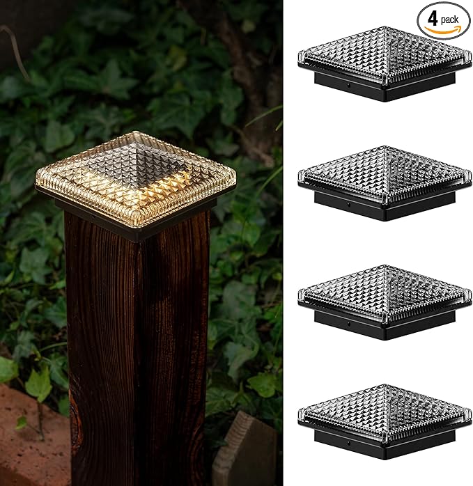 Glass Solar Post Cap Lights with Crystal Style - Decorative Deck Fence Lights for 4x4 5x5 Posts Hidden Solar Panel, Modular Design, 10Hr Runtime, IP65, Warm White, Black, 4 Pack