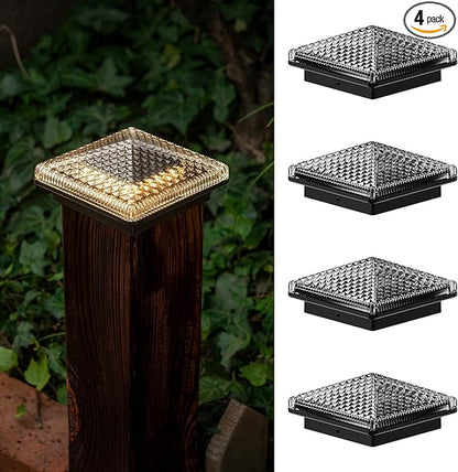 Glass Solar Post Cap Lights with Crystal Style - Decorative Deck Fence Lights for 4x4 5x5 Posts Hidden Solar Panel, Modular Design, 10Hr Runtime, IP65, Warm White, Black, 4 Pack