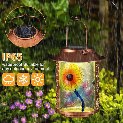 Dragonfly Solar Lanterns Outdoor Waterproof, Birthday Gifts for Women Mom Grandma , Metal Garden Decor Hanging Solar Lights Outside Decorative for Yard Patio Backyard Porch Decorations (Sunflower)