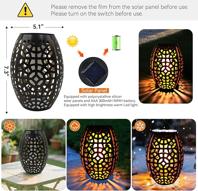 2PCS Solar Table Lanterns with Flickering Flame Light Outdoor Waterproof, Metal Desktop Decorative Lamp with Hollow Design for Tabletop Garden, 7.3" H Black Geometric Figure