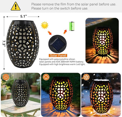 2PCS Solar Table Lanterns with Flickering Flame Light Outdoor Waterproof, Metal Desktop Decorative Lamp with Hollow Design for Tabletop Garden, 7.3" H Black Geometric Figure