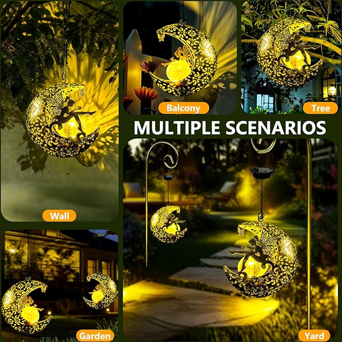 Solar Garden Fairy Statues Decor Hanging Lights,Outdoor Moon Decorations Metal Yard Art,Housewarming for Patio,Wall,Fences,Trail,Great Gift Idea for Gardening Mom and Grandma