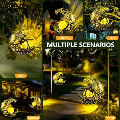 Solar Garden Fairy Statues Decor Hanging Lights,Outdoor Moon Decorations Metal Yard Art,Housewarming for Patio,Wall,Fences,Trail,Great Gift Idea for Gardening Mom and Grandma