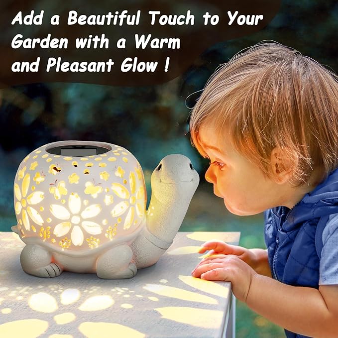 LESES Solar Lantern Lights, Turtle Outdoor Lantern with LED Garden Light, Decorative Lanterns Table Lamp for Patio Yard Garden Decor Outside Clearance Gifts for Birthday Grandma - White