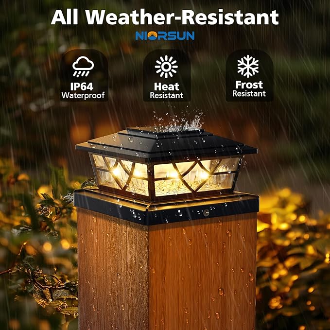 NIORSUN Solar Post Lights Outdoor 4 Pack, 2 Modes LED, Deck Fence Post Solar Lights for 3.5x3.5 4x4 5x5 5.5x5.5 Caps Patio Garden Decoration, Black