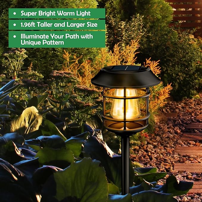 Solar Pathway Lights 8PK - Outdoor Garden Yard Landscape Lights, Waterproof Auto-on/Off for Lawn, Patio, Walkway - Warm Light (Black)