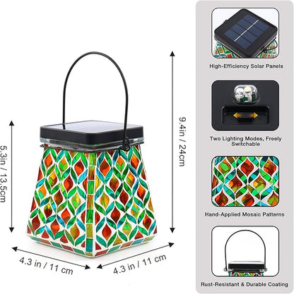 VOREEN Mosaic Solar Lantern, Colorful Mosaic Glass Decorative Lantern for Outdoor Garden & Patio, Tabletop or Hanging Solar Powered Light, Multicolor Geometric Lattice Design