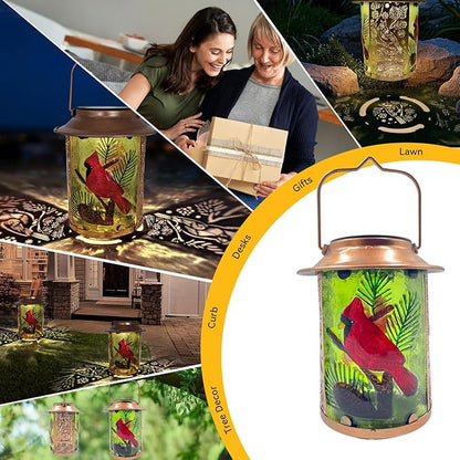 10" H Cardinal Solar Lanterns Outdoor, Metal Glass Hanging Solar Lanterns with Hollow Out Retro Cardinal Lights, Decorative for Garden Yard Patio Pathway Tabletop Gifts