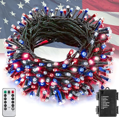 100LED Red White and Blue Lights for 4th of July Decoration, 33Ft Battery String Lights Indoor Outdoor Waterproof, 8 Modes Lights for Independence Day American Flag Holiday