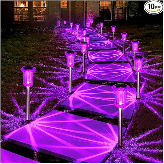 DenicMic Solar Lights Outdoor 10 Pack Waterproof Purple LED Stainless Steel Stake Outside Lights for Yard Pathway Garden Driveway Walkway Landscape Path Lighting Halloween Decorations Outdoor