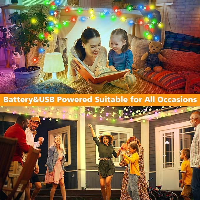 OMIKA 33 FT Globe Battery Powered String Lights, 60 LED Warm White & Multicolor Battery String Light, USB Powered Camping Lights String for Indoor Outdoor Hanging Light for Bedroom Room Party Decor