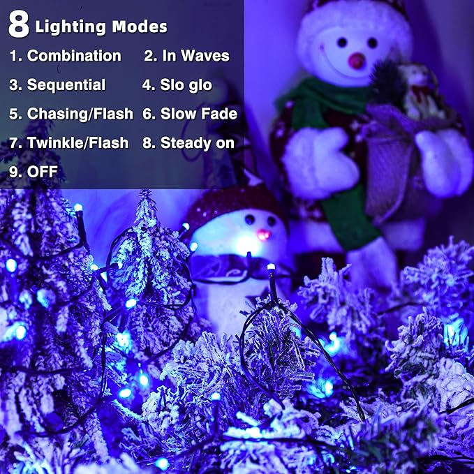 Lomotech Battery Operated Christmas Lights - 4 Pack Total 66ft 200LEDs String Lights 8 Modes Waterproof with Timer for Home, Garden, Party, Holiday, Tree Decoration (Green Wire, Blue）