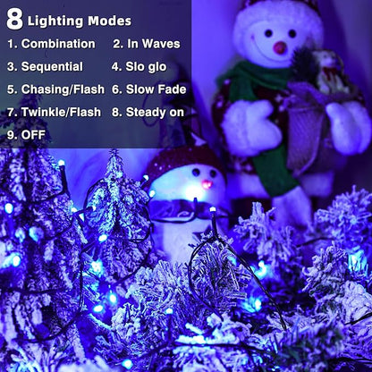 Lomotech Battery Operated Christmas Lights - 4 Pack Total 66ft 200LEDs String Lights 8 Modes Waterproof with Timer for Home, Garden, Party, Holiday, Tree Decoration (Green Wire, Blue）