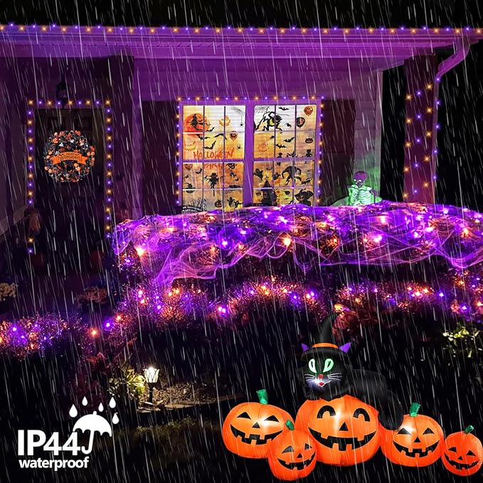 YEGUO Halloween Lights Battery Operated, 2 Pack Each 33ft 100 LED Orange and Purple String Lights Outdoor Waterproof, Green Wire Fairy Christmas Light Indoor with Remote