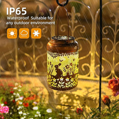 Rabbit Solar Lanterns Outdoor Waterproof Hanging Bunny Solar Lights Metal Decoration Outside for Yard,Patio,Porch, Pathway, Lawn, Garden Decor Lantern Birthday Gifts for Women Mom Grandma