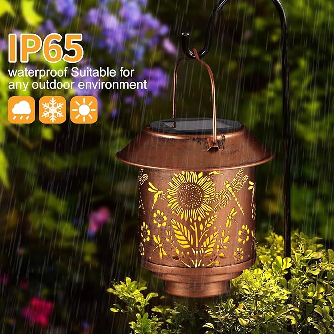 Solar Lantern Outdoor Hanging Sunflower Lights Gifts for Women Mom Metal Garden Decor Outside Waterproof LED Lanterns for Patio(Dragonfly + Sunflower-2pack)